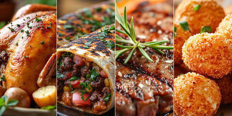Culinary Collage: A mouthwatering array of diverse, meticulously photographed dishes showcases culinary artistry, appealing to the senses.