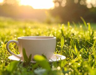 Obraz premium Morning Serenity A Ceramic Teacup in Dew-Kissed Grass