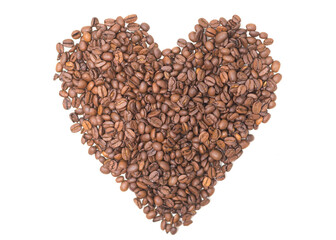 Heart shape made of coffee beans on white background