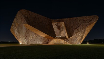 Modern wooden architectural structure at night.