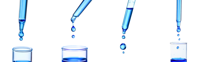 Set of laboratory glass pipettes dripping vibrant blue solutions into test tubes with droplets in focus isolated on a white or transparent background