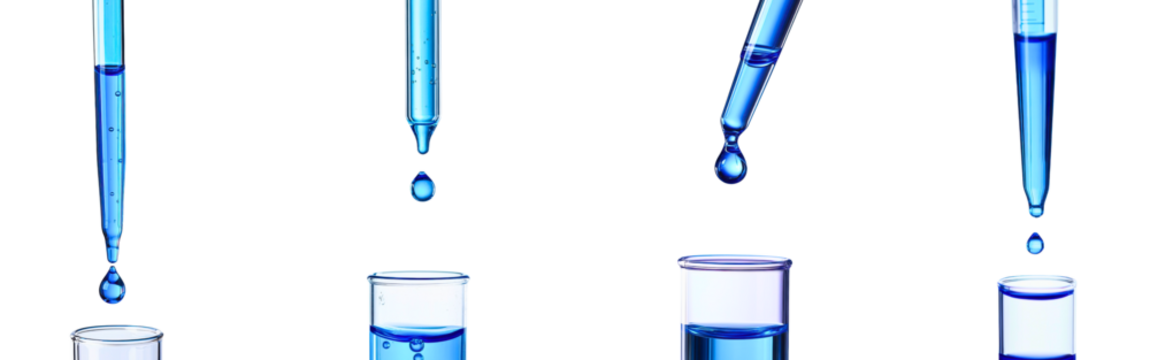 Set of scientific glass pipettes dripping vibrant blue solution into test tubes with focused droplets isolated on a white or transparent background