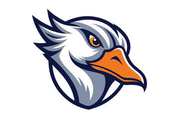 Cartoon bird head shows a majestic goose with white feathers and an orange beak