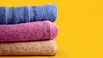 Three different-colored towels stacked on top of each other,