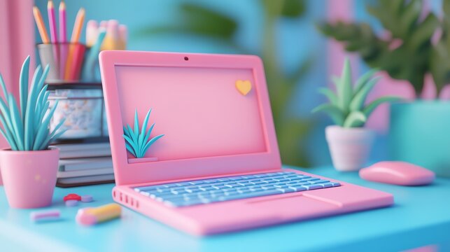 Pink Laptop with Heart Icon and Bright Office Supplies in Colorful Workspace