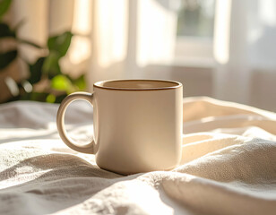 Sunlit Serenity A Ceramic Mug's Gentle Glow on Linen