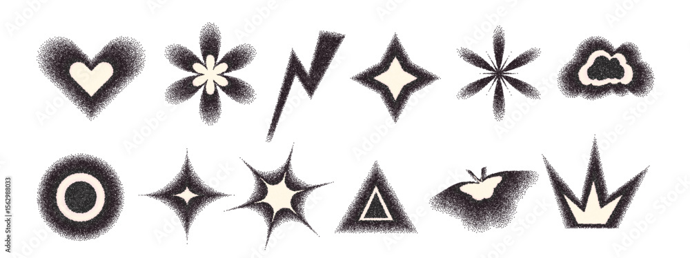 Poster geometric abstract figures with grain noise gradient texture. y2k retro brutal stippling forms set. 
