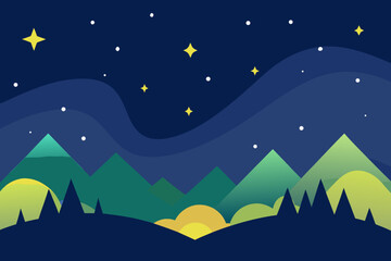 Christmas winter night landscape with snow, stars, moon, and blue sky illustration