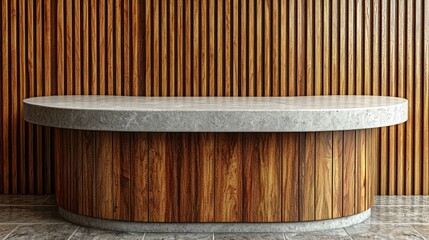 Wood paneled counter with stone top against a wood wall