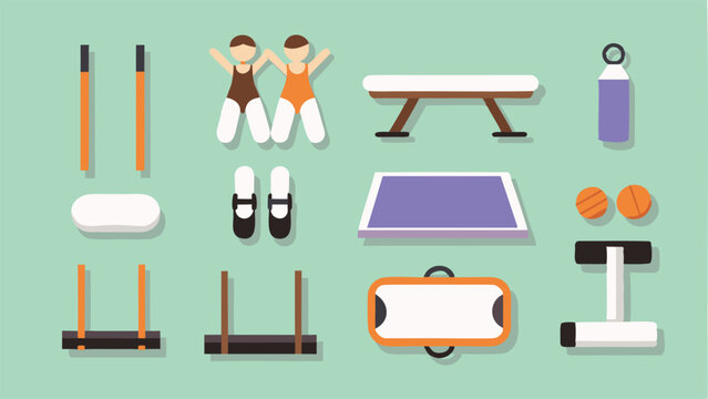 Illustration of gymnastics equipment including uneven bars and balance beam on green background