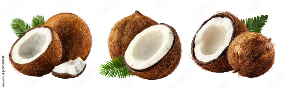 Poster collection of realistic whole and halved coconuts in 3d renderings side by side isolated on a white 