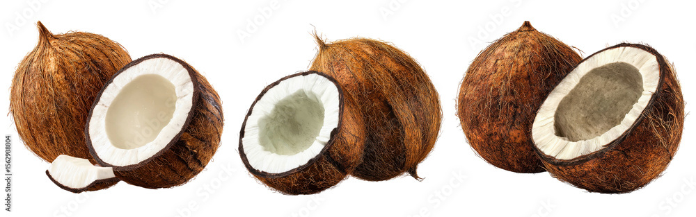 Fototapete set of whole and halved coconuts in realistic 3d renderings placed side by side isolated on a white 