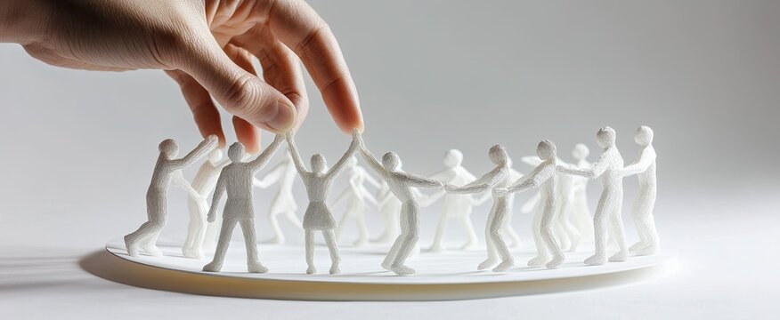 A hand adds a miniature figure to a circle of interconnected figures, all white