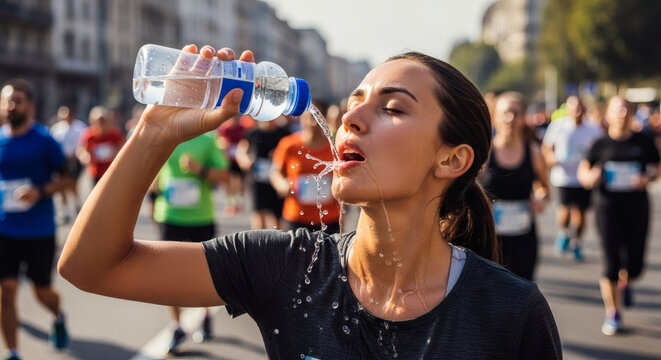 An athletic woman finds a crucial moment of refreshment during a grueling city marathon race.