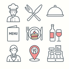 A set of nine minimalist line icons depicts essential restaurant elements, including a chef, waiter, cutlery, menu, food, wine, location pin, and cash register, ideal for restaurant websites.