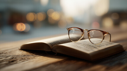 Glasses on a book, on a wooden table background,