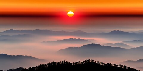 Serene Sunrise Unfolding Over Layers of Misty Mountains