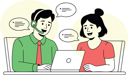 Fototapeta premium A customer service agent assists a woman online using a laptop and headset