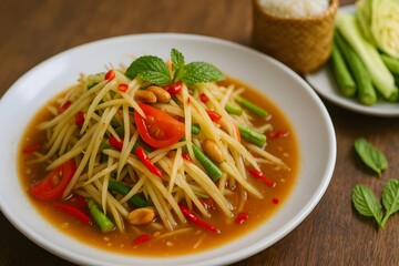 Delicious thai papaya salad with fresh ingredients