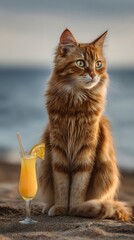 Obraz premium Ginger Cat Sitting by Cocktail Glass on Beach with Ocean View perfect for summer holiday marketing, pet humor content, beach-themed social campaigns and travel blog illustrations