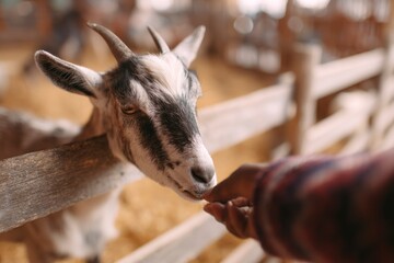 A goat peers over a wooden fence reaching for food offered by a hand in a redandblue checkered shirt