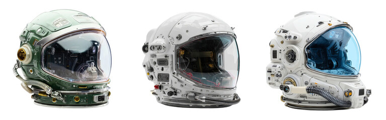 Set of sci-fi space helmets with transparent visors control panels and air filter systems isolated on a white or transparent background