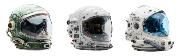 Set of sci-fi space helmets with transparent visors control panels and air filter systems isolated on a white or transparent background