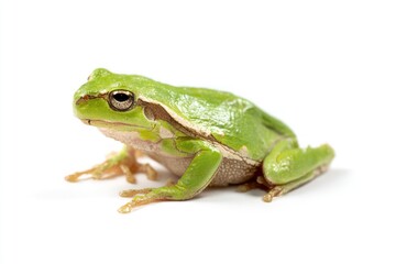 Obraz premium A green tree frog sits on a white surface its eyes and limbs distinctly visible