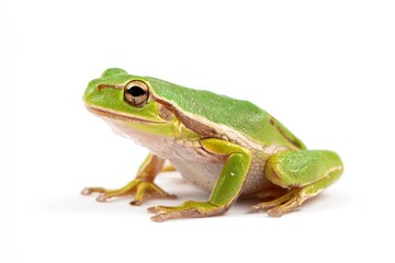 Obraz premium A green tree frog sits on a white surface looking alert