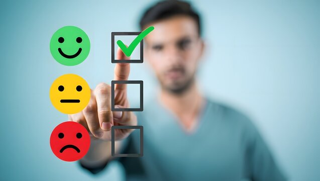 Man choosing green happy smile face icon. feedback rating and positive customer review experience, satisfaction survey. mental health assessment. world mental health day concept.