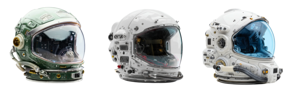 Set of sci-fi space helmets with transparent visors control panels and air filter systems isolated on a white or transparent background