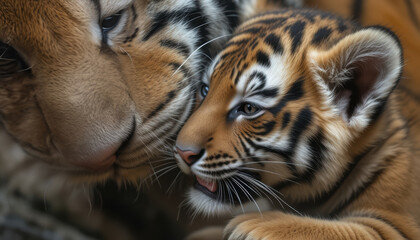 Naklejka premium Close-up of a Mother Tiger and Her Cub Sharing a Tender, Affectionate Bond in the Wild