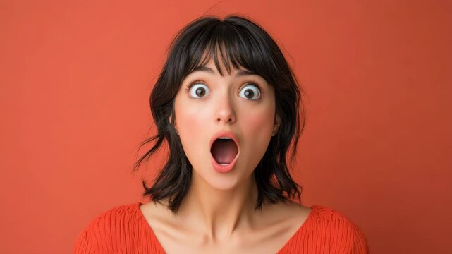 Surprised woman with wide eyes and open mouth wearing red top showing shock and amazement emotion expression face close up portrait against vibrant background capturing intense emotional reaction