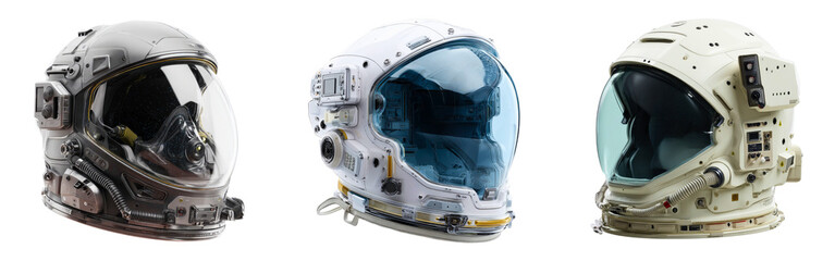 Collection of sci-fi helmets with transparent visors air filtration and control panels isolated on a white or transparent background