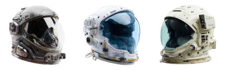 Collection of sci-fi helmets with transparent visors air filtration and control panels isolated on a white or transparent background