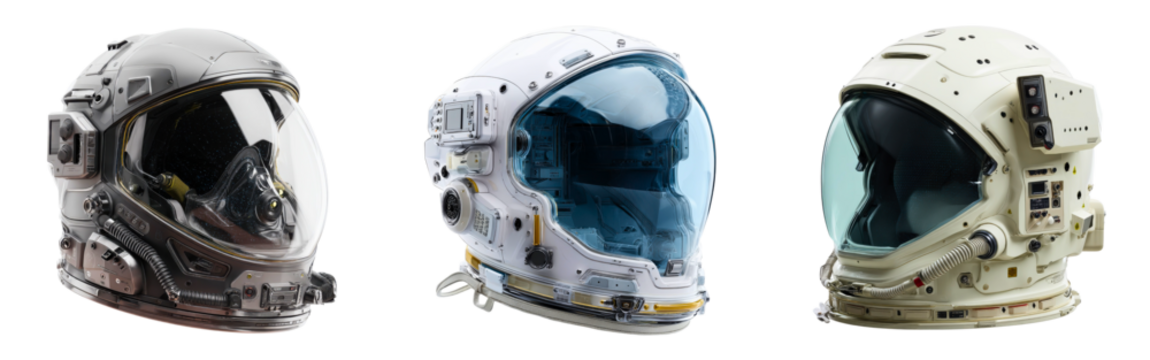 Collection of sci-fi helmets with transparent visors air filtration and control panels isolated on a white or transparent background