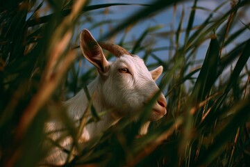 A white goat is framed by reeds facing right with visible horns and ears Sky visible between reeds