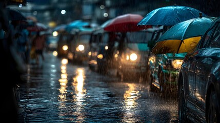 Nighttime rain in bangkok umbrellas everywhere