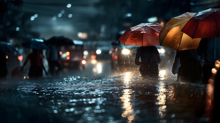 Naklejka premium Urban bangkok commuters with vivid umbrellas