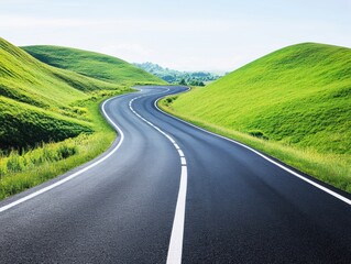 Fototapeta premium A winding road curves gracefully through vibrant green hills under a clear blue sky. The sunlit landscape showcases the beauty of nature, inviting drivers to explore the serene surroundings.