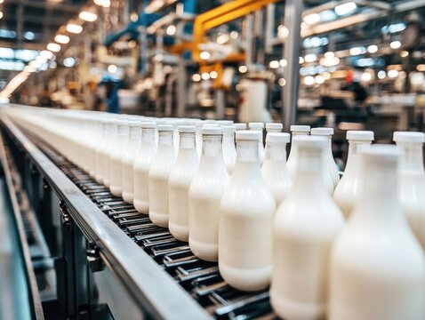Bottles filled with fresh milk are moving smoothly along a conveyor belt in a modern dairy processing facility. The factory is bustling with activity, showcasing efficient production.