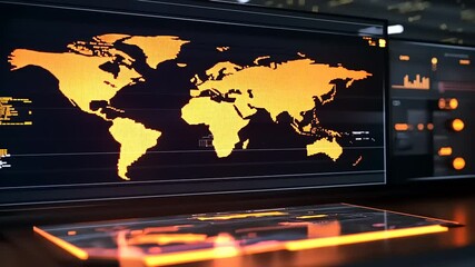 Digital world map display on a futuristic interface, showcasing data analytics and global connections - Powered by Adobe