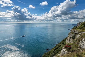 Sailboat on the blue ocean under a dramatic cloudy sky