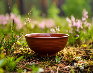 Rustic Ceramic Tea Bowl on Damp Soil A Firefly Moment in Nature