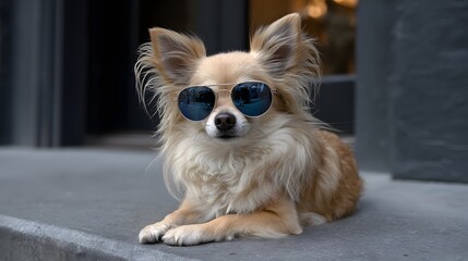 Long-Haired Chihuahua Wearing Sunglasses Posing Confidently on City Street perfect for pet fashion campaigns, urban lifestyle blogs, dog accessories branding and humorous greeting cards