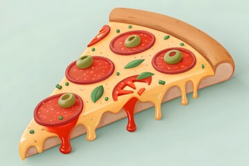 Pepperoni pizza slice with olives and dripping cheese