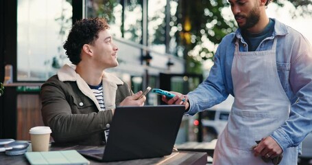 Man, waiter and phone with pos at cafe for easy payment, service and happy with remote work at diner. Person, barista and smile with machine, transaction and customer with fintech app at coffee shop - Powered by Adobe