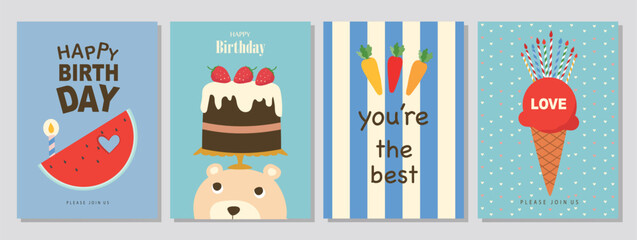 Set of children's birthday greeting cards .Cute animals design.poster,template,greeting cards,bear,Vector illustrations.