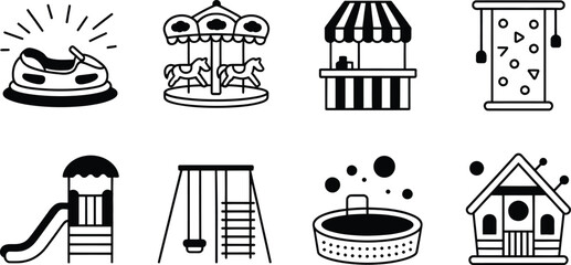 Playground and Amusement Icon Set Featuring Swings, Slide, Carousel, Bumper Cars, and Fun Park Elements