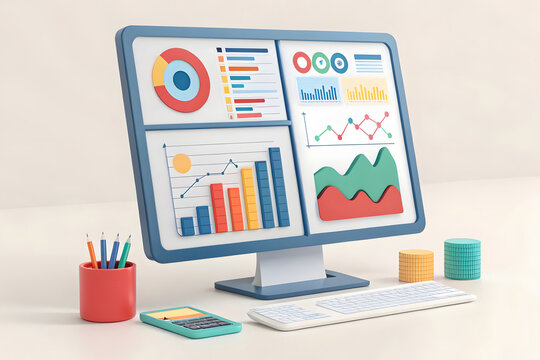 Colorful data charts on computer screen graphs